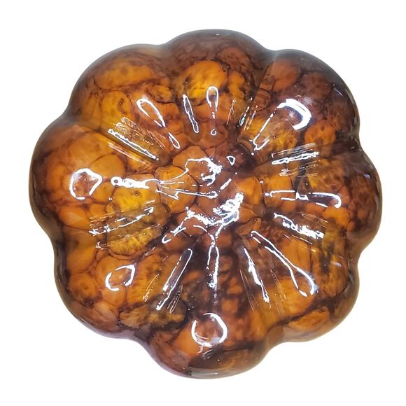Hand Blown Glass Pumpkin Squash Brown Amber Art Glass Swirl Stem 5" x 4.5" - Picture 12 of 14